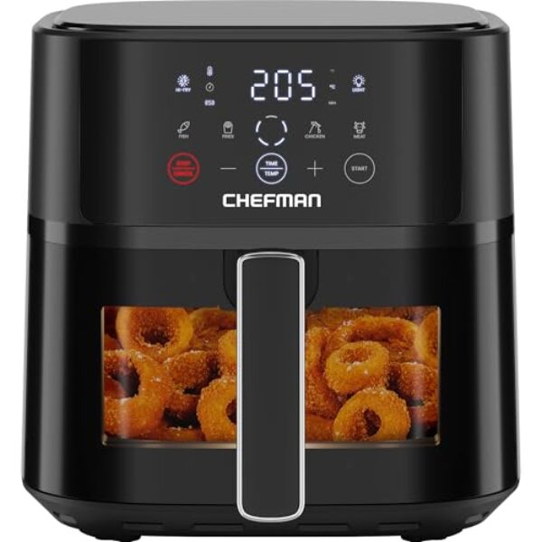 Chefman Heißluftfritteuse – 5,7 L kompakte Heissluftfritteuse, mit Hi-Fry Technologie, Sichtfenster, Touch Controls, antihaftbeschichtet und spülmaschinenfest – Schwarz