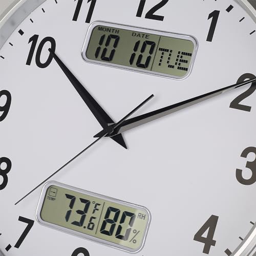 HZDHCLH 33cm Funkuhr Digitale, Anzeige von Temperatur, Luftfeuchtigkeit, Kalender, Modernes Design, Geeignet Für Zuhause, Büro, Schule(Weißsilber) – Bild 5