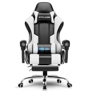GTPLAYER Gaming Stuhl Bürostuhl Massage Gaming Sessel Ergonomischer Gamer Stuhl mit Fußstütze, Kopfstütze Massage-Lendenkissen, Gepolstert Gaming Chair, Drehsessel, weiß