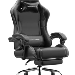 Dowinx Gaming Stuhl Bürostuhl Massage Gaming Sessel mit höhenverstellbaren Linkage-Armlehnen, ergonomischer Gamer Stuhl mit Fußstütze, gepolstert Gaming Chair 150° neigbar bis 180 kg, Schwarz