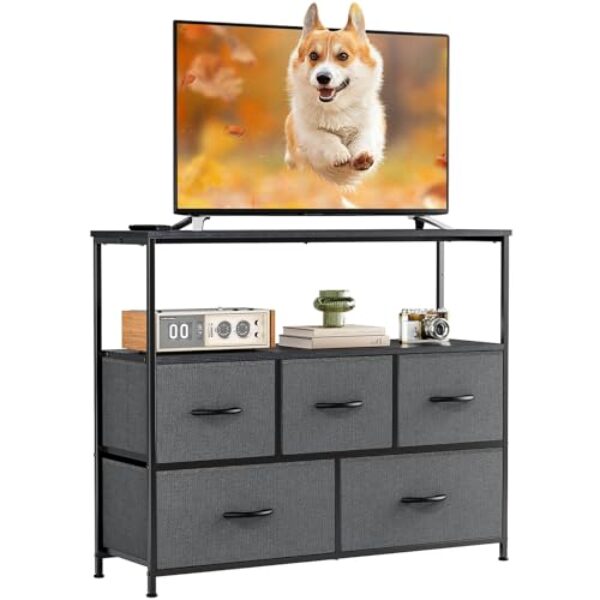 DUMOS Kommode mit Schubladen – kommoden & Sideboards für Schlafzimmer Geeignet, Komodenschrank mit 5 Schubladen, TV-Schrank mit Stabilem Stahlrahmen, Ideal für Schlafzimmer, Wohnzimmer (Grau)