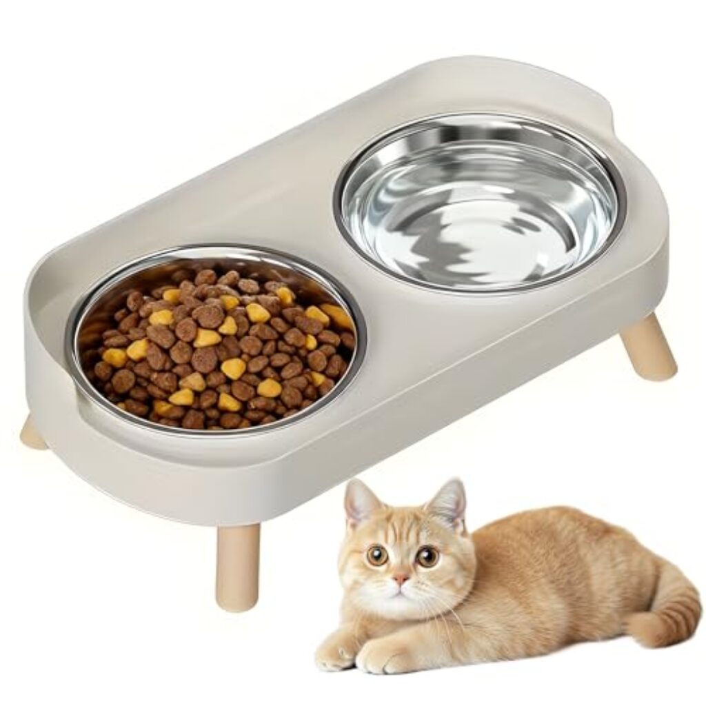 2 Stück Katzennapf – Erhöhter Katzen Napfset Edelstahl Doppelt Katzennäpfe mit Ständer und Spritzschutz rutschfeste Fressnapf Katze Napf – Futternapf Wassernapf Set für Katzen und Kleine Hunde