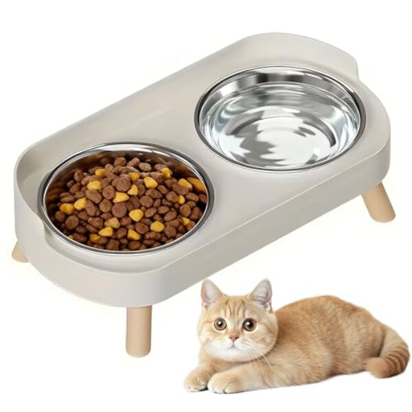 2 Stück Katzennapf – Erhöhter Katzen Napfset Edelstahl Doppelt Katzennäpfe mit Ständer und Spritzschutz rutschfeste Fressnapf Katze Napf – Futternapf Wassernapf Set für Katzen und Kleine Hunde