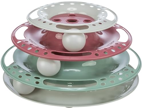 TRIXIE Catch the Balls Katzenspielzeug – drei Ebenen mit je einem Ball – regt zum Spielen an – grau/grün/rot – ø 25 × 13 cm – 41345