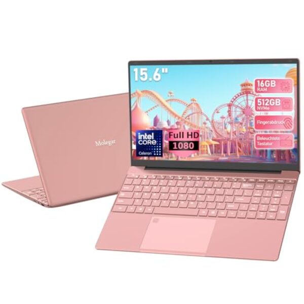 Molegar 2025 Neueste 15.6 Zoll FHD Laptop|16GB RAM 512GB SSD|Celeron 5205U|QWERTY Tastatur mit Hintergrundbeleuchtung|Fingerabdruckleser|WiFi |HDMI|Notebook Computer für Unternehmen und Studenten|