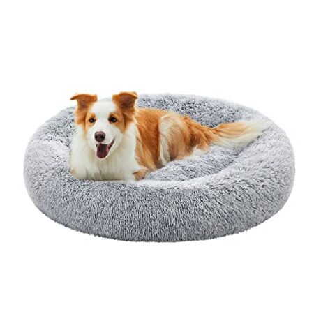 Feandrea Hundebett flauschig, Katzenbett, Donut Kissen, waschbar, Polsterung in der Mitte herausnehmbar, Langer Plüsch, 90 cm Durchmesser, Ombré-Grau PGW041G01