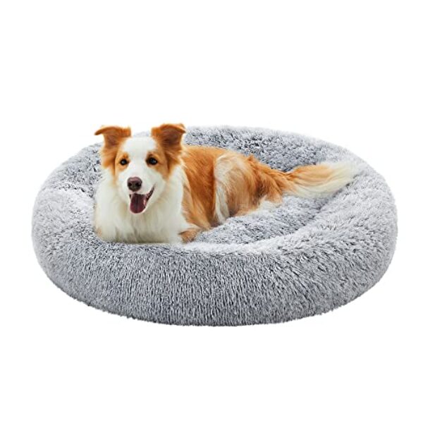Feandrea Hundebett flauschig, Katzenbett, Donut Kissen, waschbar, Polsterung in der Mitte herausnehmbar, Langer Plüsch, 90 cm Durchmesser, Ombré-Grau PGW041G01
