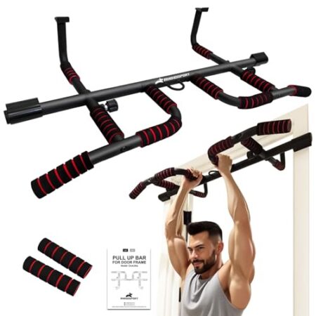 RHINOSPORT Klimmzugstange für Türrahmen – Pull Up Bar Doorway mit Multigriff-Positionen Griffen – Ohne Bohren, Rutschfest bis 200kg (440lbs)– Für Türen 65-92cm (25.5-36.2in) - P...