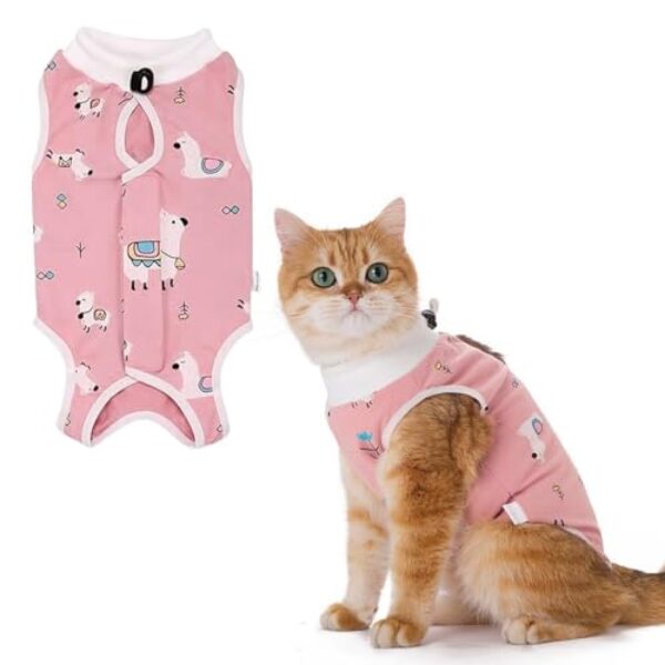 Funalix Katzen Erholungsanzug,Katzen Sterilisation nach der Operation Anti-Lick-Anzug Haustier,Süße Alpaka Muster Design Katze Chirurgie Wiederherstellung Anzug (Pink/M)
