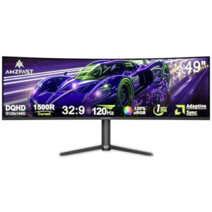 Amzfast 49 Zoll Curved Monitor 120Hz, DQHD(5120×1440), 32:9 Ultrawide PC Bildschirm, Eyes-Care, 1MS MPRT, 1500R, Adaptive Sync, sRGB 120%, HDMI 2.0 * 2/DP 1.4 * 2, VESA 75×75, PBP/Pip, AZMG49C7U