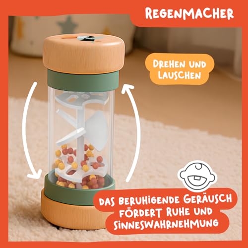 Nene Toys Spielzeug ab 1 Jahr – Montessori Baby Holzspielzeug 4-in-1 Set mit Klangbausteinen, Regenmacher, Stapelturm & Giraffe-Labyrinth – Holzbausteine Motorikspielzeug – Geschenk Junge Mädchen – Bild 6
