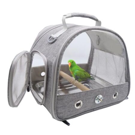 Vogel-Tragetasche mit Stehstange und Edelstahl-Tablett, atmungsaktiv, zusammenklappbar, für kleine Vögel, Reisetasche für Papageien, Sittiche, Kleintiere für Reisen, Wandern, Camping (grau)