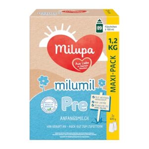 Milupa Milumil Pre – Anfangsmilch von Geburt an – Mit allen wichtigen Nährstoffen (laut Gesetz) – Ohne Palmöl – Im praktischen Maxi-Pack – 1,2 kg
