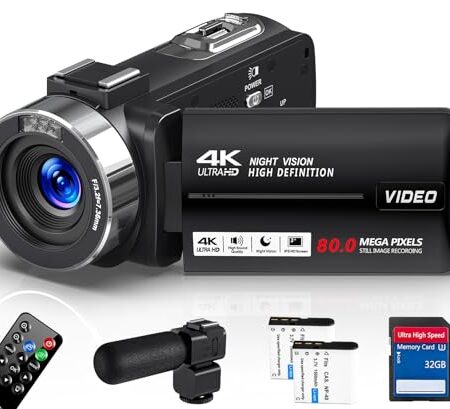 Delmodes Videokamera 4K 30FPS Camcorder 80MP 18X Digitalzoom IR Nachtsicht Vlogging Kamera, 3,0 Zoll IPS-Bildschirm YouTube Camera mit 32GB SD-Karte, Mikrofon, Fernbedienung und...