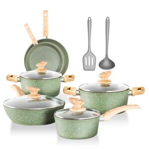 DishDelight Topfset Beschichteter Topf Induktion Töpfe Set Pfannenset 12-teilige Granit Antihaft Töpfe und Pfannen Cookware Kochtopf Bratpfanne mit Glasdeckeln