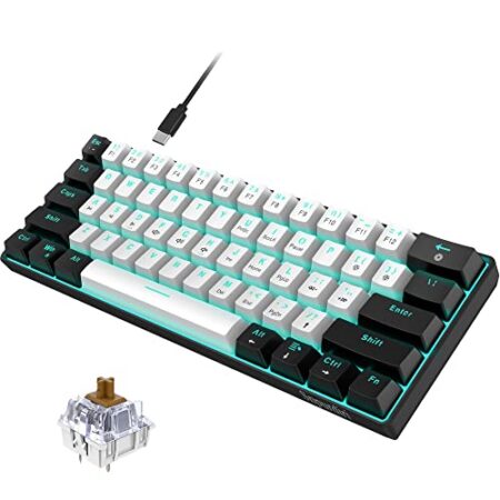 Snpurdiri 60% kabelgebundene mechanische Gaming-Tastatur, 61 Anti-Ghosting-Tasten, Blaue LED-Hintergrundbeleuchtung, ultrakompakte Zwei Ständer(Braune Schalter/Schwarz Weiß) - P...