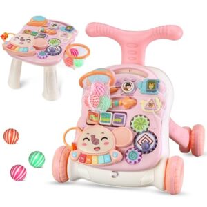 2 in 1 Lauflernhilfe zum Sitzen und Stehen für 12-36 Monate, Laufwagen, Activity Center, Abnehmbare Spielplatte, Baby Walker Regulierbarer Geschwindigkeit, Musikspielzeug, Rosa