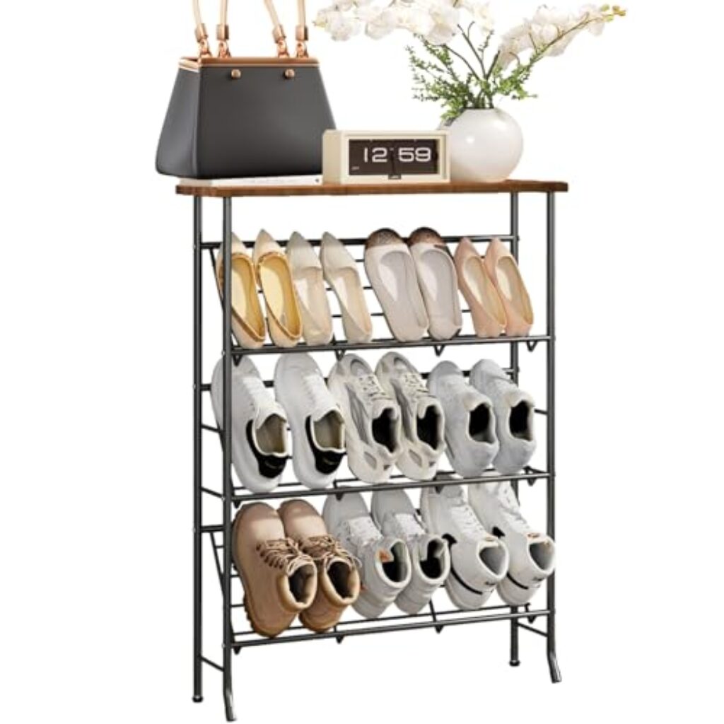 SHMSHNG Schuhregal Schmal Metall, Shoe Rack mit 4 Ebenen, Stapelbares Kleines Schuhregal, SchuhstäNder Organizier für 12-16 Paar Schuhe, Schuhablage für Eingangsbereich Flur Wohnzimmer Schlafzimmer