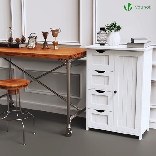 VOUNOT Badezimmerschrank, Badschrank, Beistellschrank mit 4 Schubladen, Schranktür & verstellbaren Ablagen für Badezimmer Wohnzimmer Küche Schlafzimmer 30x55x82cm Weiß – Bild 5