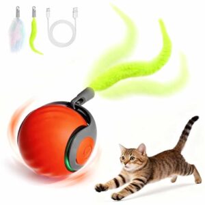 Interaktives Katzenspielzeug Ball,Wiederaufladbarer Elektrischer Katzenball mit Federschwanz,2 Modi Automatisches Kätzchenspielzeug für Hauskatzen Selbstbeschäftigung Spielzeugball (Orange)