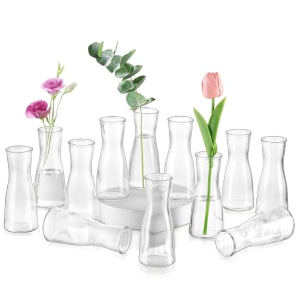 Glasseam Kleine Glasvasen für Tischdeko, Klar Flower Vase Klein 12 Stück Blumenvasen Modern, Minimalistische Blumenvase Glas Vasen Set für Hochzeit Party Esstisch Tafelaufsatz T...
