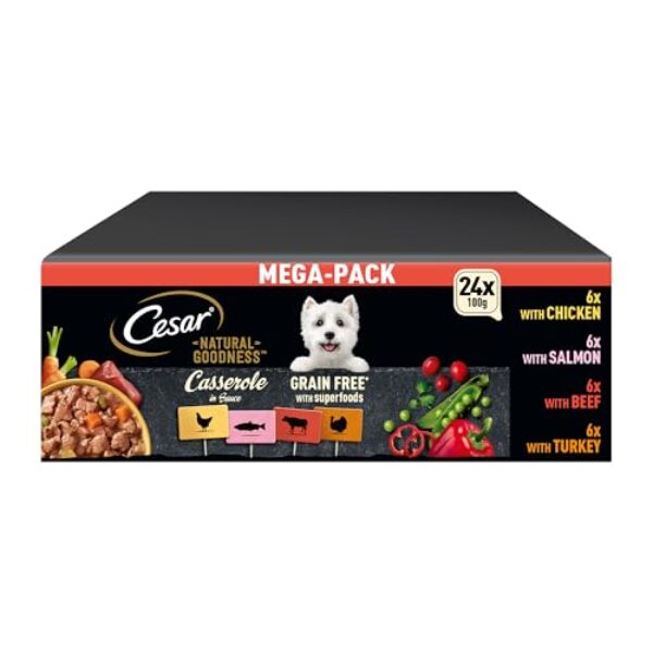 Cesar Natural Goodness Premium Hunde Nassfutter in der Schale 4 Varietäten in Sauce in Terrine Megapack 24x100g