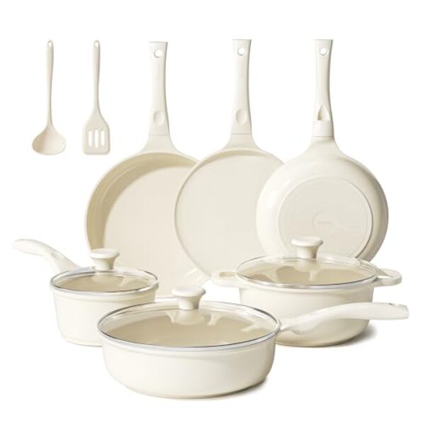 Redchef Keramik Topfset Induktion, Topfsets Pfannenset Kochgeschirr-Set 11-teiliges, Induktions Töpfe Set mit Glasdeckel, PTFE-frei PFAS-frei für alle Herdarten geeignet, Spülmaschinenfest (Beige)