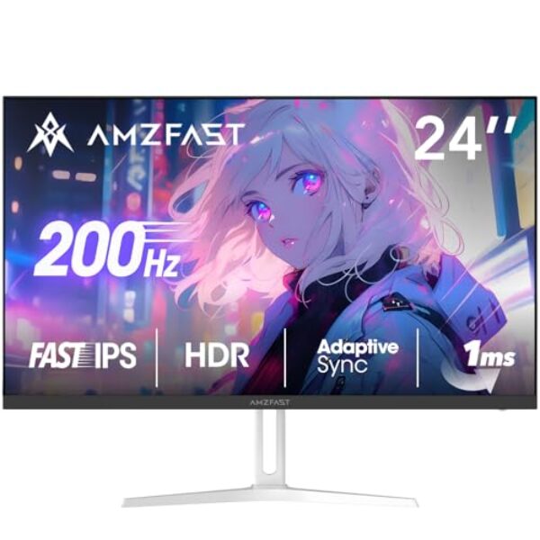 Amzfast 24 Zoll Gaming Monitor-200Hz, FHD 1920×1080, Fast IPS Monitor, 1ms MPRT, 110% sRGB, Anti-Blaulicht, HDR, Adaptive Sync, VESA 100×100, HDMI 2.0/DP 1.4, Weiß- AMZG24X1W