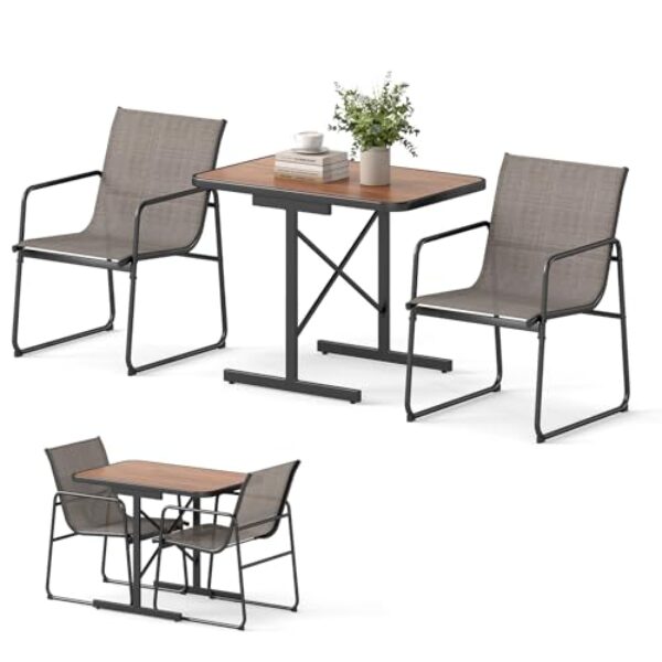 KOMFOTTEU 3-TLG. Gartenmöbel Set, Balkonset mit 1 Esstisch und 2 Stoffstühlen, Balkonmöbel platzsparend, Gartengarnitur Sitzgruppe für Balkon, Terrasse, Pool