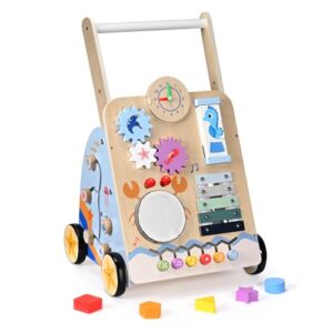 Lauflernwagen Holz, Lauflernwagen Baby Lauflernhilfe mit Rädern & Bauklötzen Spielgeräte Aktivitätszentrum Set, Multifunktion Baby Walker Spielzeug Geschenk für Kleinekinder Kinder 10 Mon. – 1-2 Jhr.