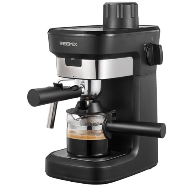 Reemix Espressomaschine mit Siebträger 6-Bar Espresso Kaffeemaschine aus Edelstahl mit professioneller Milchaufschaumdüse, ideal für Cappuccino, Latte & Macchiato, kompakt und stilvoll in Schwarz