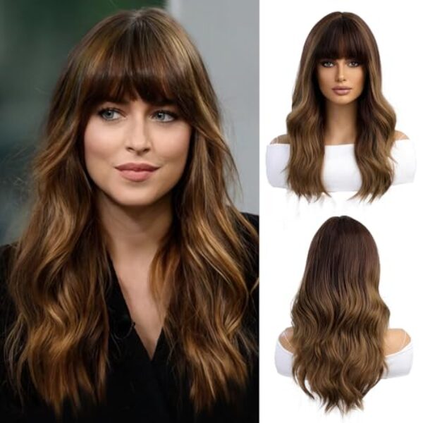 OUFEI 20 Zoll Lange Natur Lockig Ombre Braun Perücken Damen Natürliche Synthetische Haare hitzebeständig täglich Party Cosplay tragen