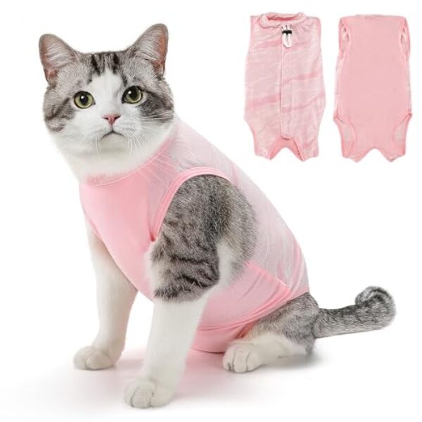 Eyein Katzenbody nach OP, Atmungsaktiver bequemer Erholungsanzug Anti-leckende Katzen-Operationsanzug mit Mesh Design für Katze Body Operation – Katzen Kätzchen E-Halsband Alternative (Hellrosa, M)