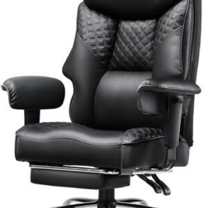 COMHOMA Gaming Stuhl für Große und Schwere Personen, ergonomischer Bürostuhl bis 180 kg, 3D Sitzkissen, verstellbar mit Fußstütze, PU-Leder, hoher Komfort für Büro & Gaming Schwarz