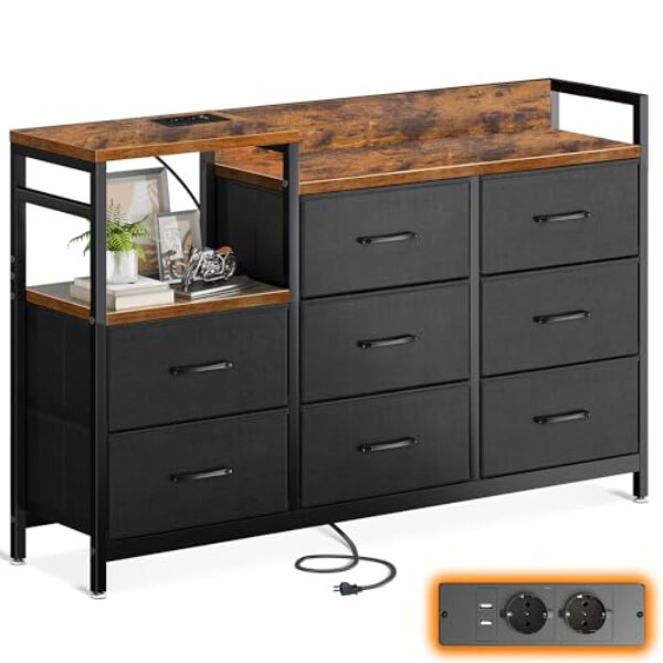 ODK Kommode mit Schubladen, 2 USB & 2 AC-Anschlüssen, 8 Schubladen aus Stoff – Geeignet für Multifunktionaler Schubladenschrank für Schlafzimmer und Wohnzimmer, 132 * 30 * 88 cm,Vintage und Schwarz