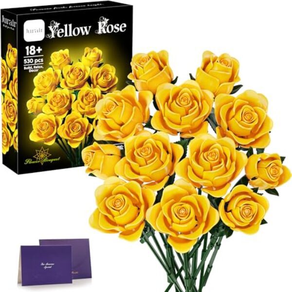 Jurair Gelbe Rose Botanical Bauspielzeugset Klemmbausteine, 530 Teile Blumenstrauß Bausatz für Erwachsene, Valentinstagsgeschenke für Frauen, Ehefrauen, Freundinnen