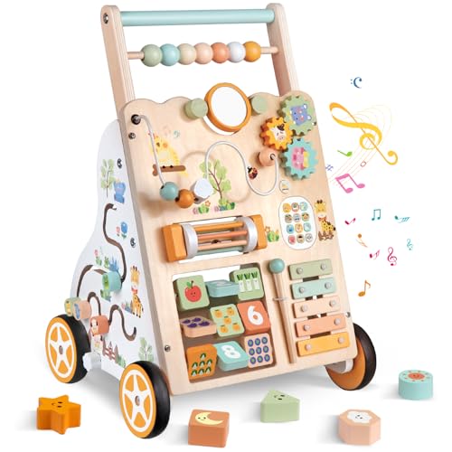 Baby Holz Lauflernwagen mit Rädern – Montessori Lauflernspielzeug für Mädchen & Jungen ab 1 Jahr – Schiebewagen mit Aktivitätscenter, Verstellbarer Lernspielzeug für Kleinkinder (Natürliche)