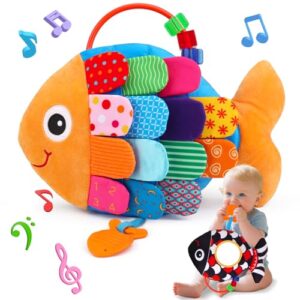2 in 1 Baby Spielzeug 0-3 3-6 Monate Musical Fisch Kuscheltier & Kontrast Spielzeug mit Greifling Rassel Spiegel Spielzeug, Baby Sensorik Spielzeug 0 3 6 Monate, Neugeborenes Junge Mädchen Geschenk