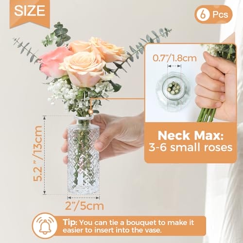 ComSaf Vase Klein Set 6-Teilig, Blumenvase, Vasen Deko Set, Kleine Glasvasen für Tischdeko, Mini Vasen Glas, Hochzeitsdeko, Diamant Knospenvasen, Teelichtgläser, 13cm Hoch, Transparent – Bild 3