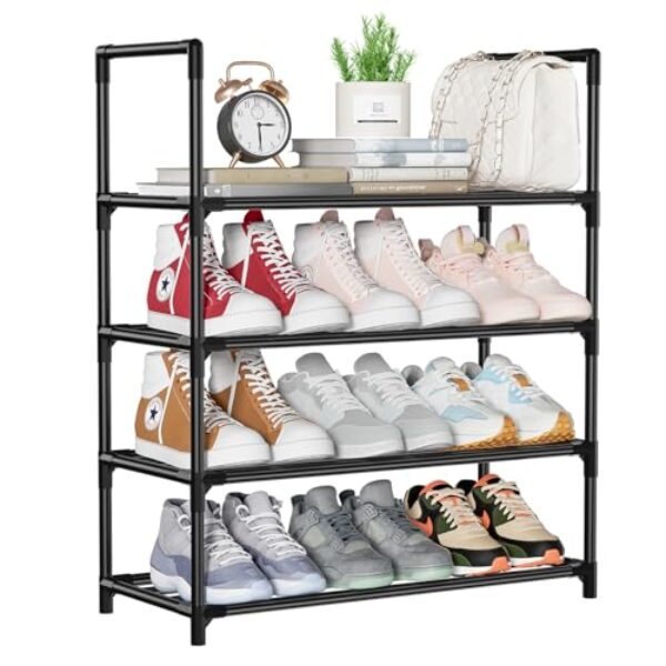 SOLVIEW Schuhregal Metall mit 4 Ebenen,Schuhschrank Organizer für 12 Paar,Stapelbar Schwarz Schuhregal Platzsparend für Flur, Outdoor, Abstellkammer, 60 x 25.5 x 72cm