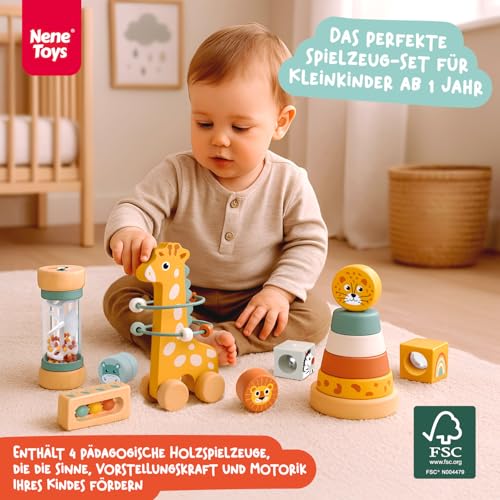Nene Toys Spielzeug ab 1 Jahr – Montessori Baby Holzspielzeug 4-in-1 Set mit Klangbausteinen, Regenmacher, Stapelturm & Giraffe-Labyrinth – Holzbausteine Motorikspielzeug – Geschenk Junge Mädchen – Bild 3