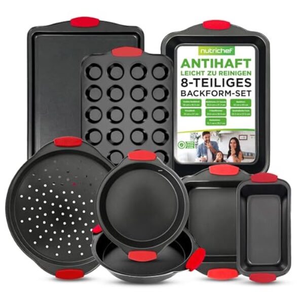 NutriChef Backset 8-teilig – Backblech, Brotbackform, Muffinform, Pizzablech Antihaft & spülmaschinenfest, platzsparend stapelbar, hitzebeständig & lebensmittelecht