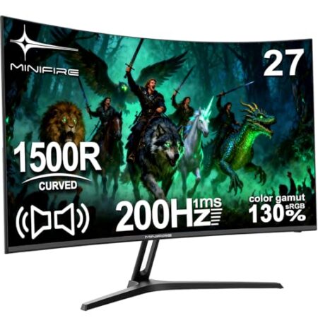 Minifire Gaming Monitor 27 Zoll Curved -200Hz, 1ms Reaktionszeit, VA Panel mit 130% sRGB, Lautsprecher integriert, 1920x1080 Full HD, Adaptive Sync, für PS5/PC Gaming, inklusive...