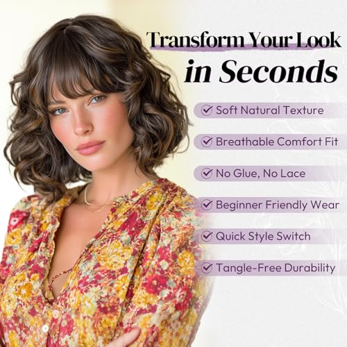 BARSDAR Kurze Gewellt Bob Perücke mit Pony, Kurze Lockige Welle Mix Braun Perücke Texturierte French Bob Perücken mit Pony für Frauen Natürlich Aussehen Synthetische Haar Perücken Halloween – Bild 4