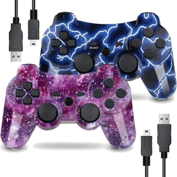 LeonDesigns P|S3 Gaming Controller, Kabelloses Move/Motion Controller Gamepad mit verbessertem Joystick Kompatibel mit P-S – 3 (Blauer Blitz und Roter Sternenhimmel)
