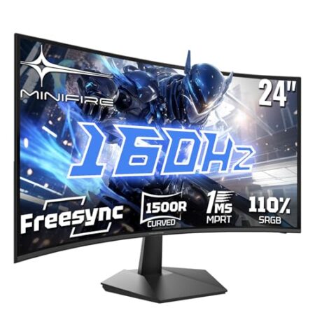 Minifire Gaming Curved Monitor 24 Zoll, 160Hz, Curved Gaming Monitor 1500R, 1Ms, sRGB110%, FHD 1080P Computer Screen, VESA Compatible, Eye Care Adaptive Sync HDMI＆DP Ports （MFG2...