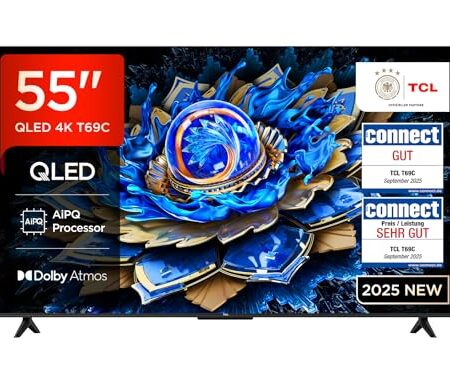 TCL 55T69C 55 Zoll QLED, Direct LED TV, 4K HDR TV, Smart Google TV (Dolby Vision & Atmos, Motion Clarity, Kompatibel mit Google Assistant & Alexa)