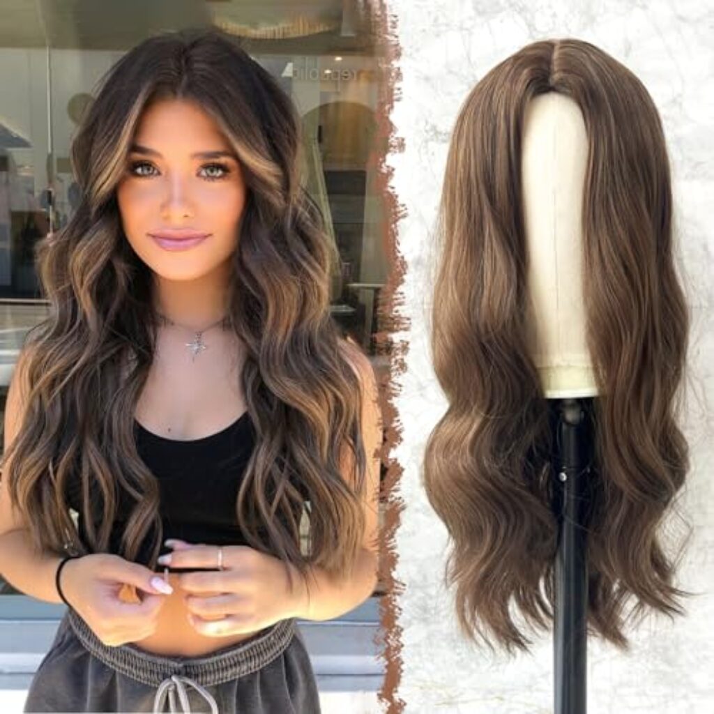 FESHFEN Lange Lockige Braun Perücke, 60 cm Mittelscheitel Frauen Perücken Natürlich synthetische Perücken Damen Locken Wavy Wig für Party Täglich Long Wavy Wig