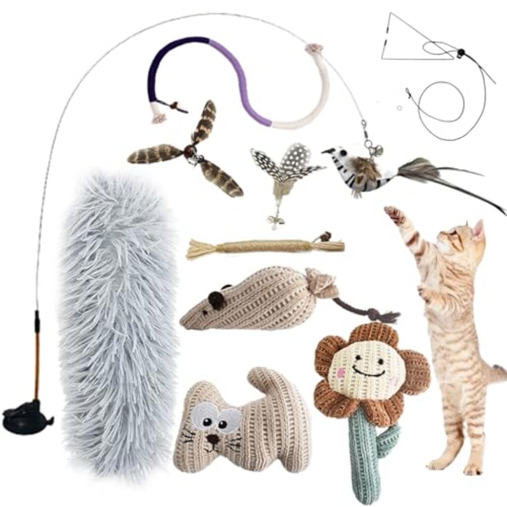 CUUOOT 7-in-1 Interaktives Katzenspielzeug Selbstbeschäftigung Katzenangel mit waschbarem Saugnapf, Hängendes Katzenspielzeug, Katzenminze Stick und Katze Beißseil Kauspielzeug Feder
