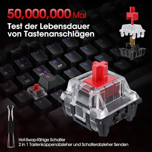 KOORUI Mechanisch Tastatur, Gaming Tastatur Kabellos/Kabelgebunden/Bluetooth 26 RGB Wiederaufladbare 4000mAh Batterie 82 Tasten Deutsches Layout QWERTZ für Windows MacOS Linux-Rotem Schalter – Bild 6